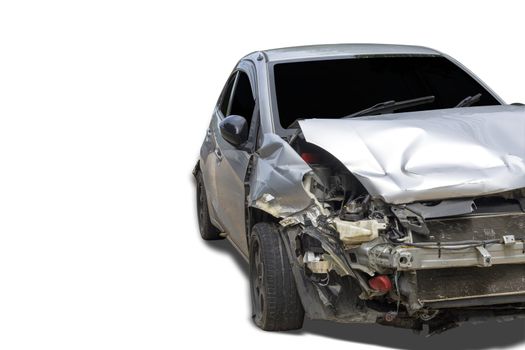 Front of gray color car damaged and broken by accident . Isolate on white background. Save with cliping path