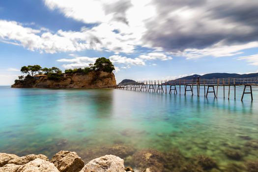 Wooden bridge to Cameo island at Zakynthos, Greece