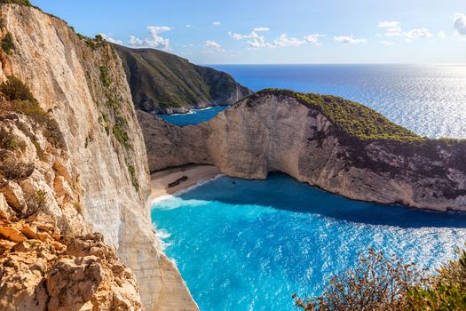 Navagio beach with blue crystal water, Zakynthos island, Greece