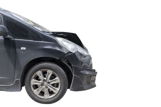 Front of black color car damaged and broken by accident isolate on white background. Save with cliping path.