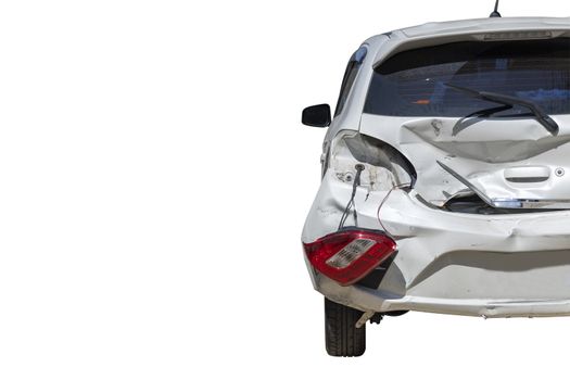 Back of car damaged and broken by accident on road. Isolate on white background. Save with cliping path.