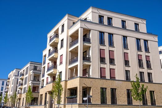 Modern beige apartment houses seen in Berlin, Germany