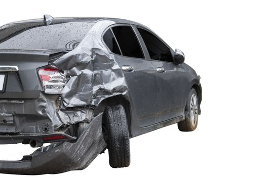 Back side of  gray color car damaged and broken by accident on road parking can not dirve any more. isolate on white background. Save with cliping path