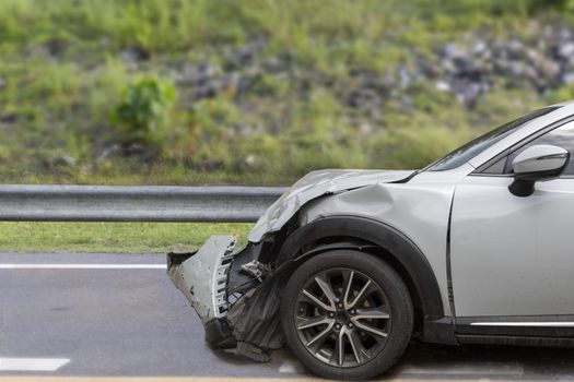 Front of gray color car damaged and broken by accident . Isolate on white background. Save with cliping path