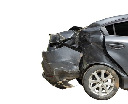 Back side of  gray color car damaged and broken by accident on road parking can not dirve any more. isolate on white background. Save with cliping path