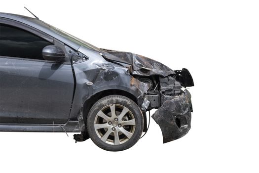 Front of black color car damaged and broken by accident isolate on white background. Save with cliping path.