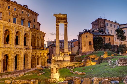 The Theatre of Marcellus and the Temple of Apollo Sosianus in Rome, Italy, after sunset