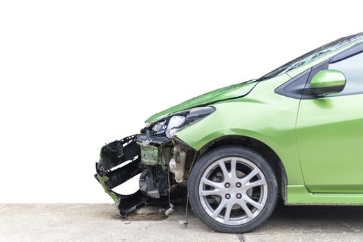 Front of green color car damaged and broken by accident on road parking can not dirve any more. Isolate on white background. Save with cliping path.