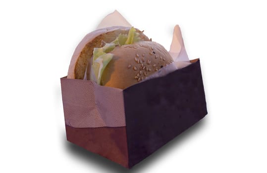 Hamburger in paper bag package isolated on white background. Save with clipping path