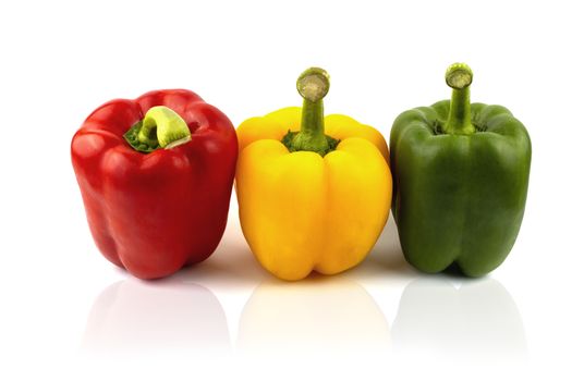 Fresh Green, yellow, red bell pepper. Sweet pepper. Giant pepper. Isolate on white background. Save with clipping path.