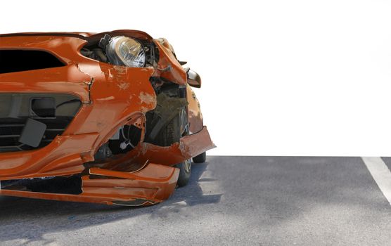 Front of orange color car damaged and broken by accident . Isolate on white background. Save with cliping path