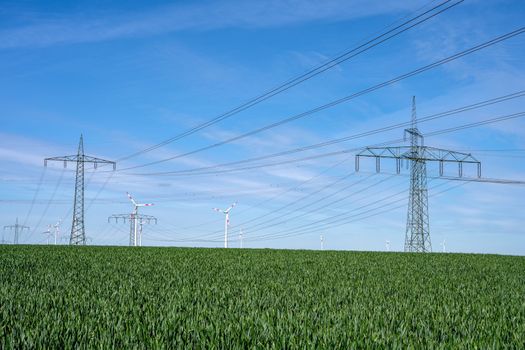Overhead power lines in a cornfield seen in Germany