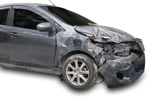 Front of black color car damaged and broken by accident . Isolate on white background. Save with cliping path