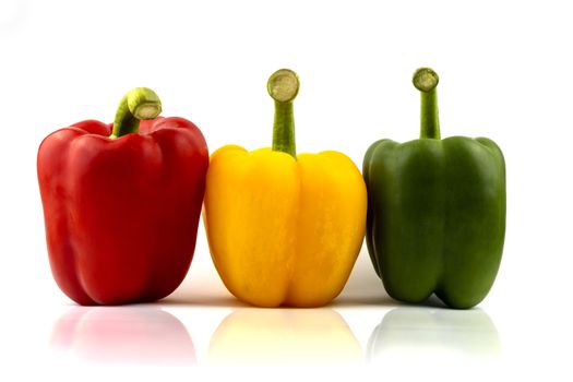 Fresh Green, yellow, red bell pepper. Sweet pepper. Giant pepper. Isolate on white background. Save with clipping path.