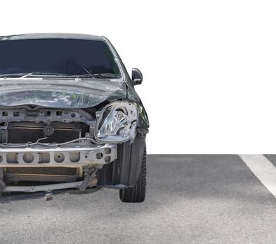 Front of black color car damaged and broken by accident . Isolate on white background. Save with cliping path