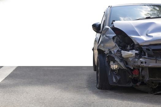 Front of gray color car damaged and broken by accident . Isolate on white background. Save with cliping path