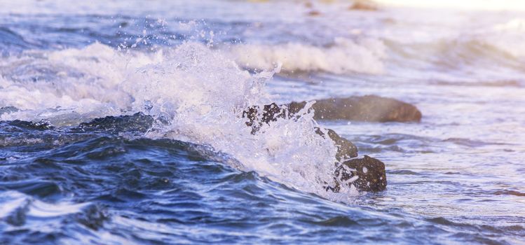 Wave from sea clash with rock. with copy space for text or design