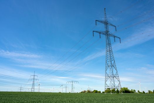 Overhead power lines in an agricultural area seen in Germany