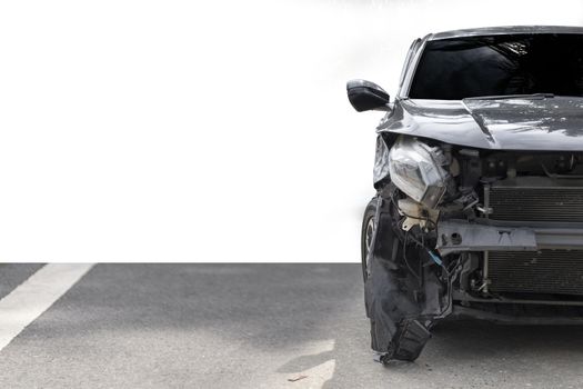 Front of black color car damaged and broken by accident . Isolate on white background. Save with cliping path