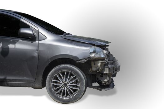 Car crash. Front of gray color car have scratch from damage. Close up scratch. Isolate on white background. Save with cliping path.
