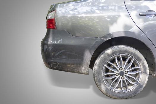 Car crash. Beside the gray color car have scratch from damage. Close up scratch. Isolate on white background. Save with cliping path.