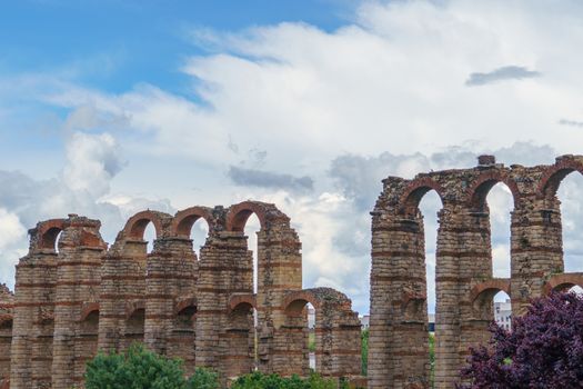 The famous roman aqueduct of the Miracles, Los Milagros, in Merida, province of Badajoz, Extremadura, Spain.The Archaeological Ensemble of Merida is declared a UNESCO World Heritage Site Ref 664