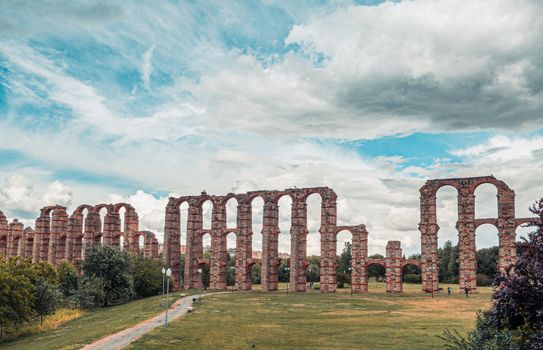 The famous roman aqueduct of the Miracles, Los Milagros, in Merida, province of Badajoz, Extremadura, Spain.The Archaeological Ensemble of Merida is declared a UNESCO World Heritage Site Ref 664