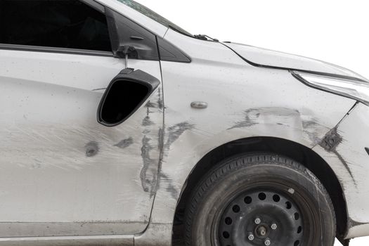 Close up car accident or crash car door and rearview mirror  broken. Isolated on white background. Save with clipping path.