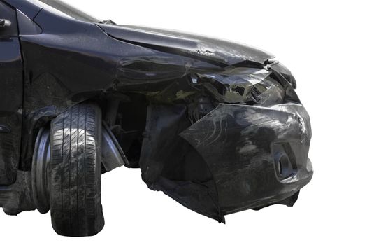 Front of black color car damaged and broken by accident isolate on white background. Save with cliping path. Car crash