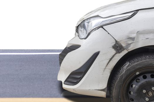 Close up front of  white color car have damaged and broken by accident on road parking can not dirve any more. with white background.