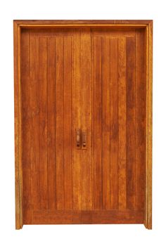 Twin wood door close with door frame isolated on white background. Save with clipping path.