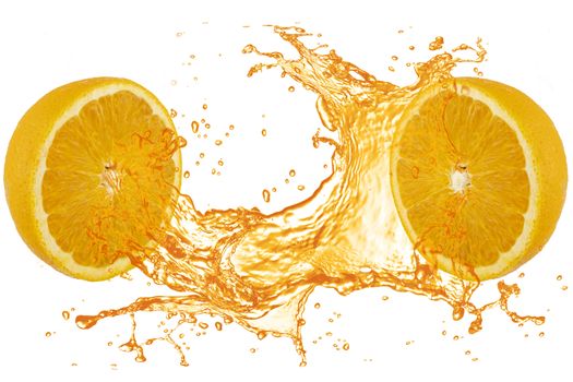 Orange juice splash with 2 half orange isolated on white back ground.