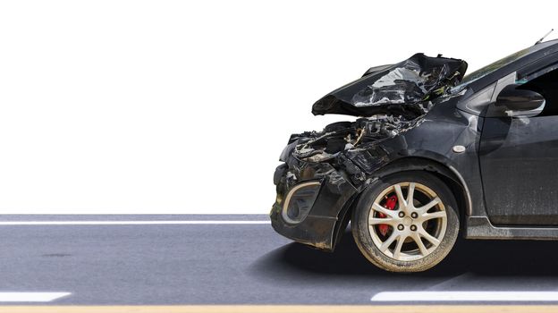 Front of black color car big damaged and broken by accident on city street parking can not drive any more. isolated on white background. Save with clipping path