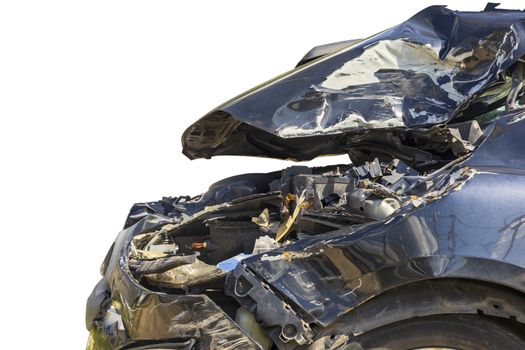 Close up Front of black color car damaged and broken by accident . Isolate on white background. Save with cliping path