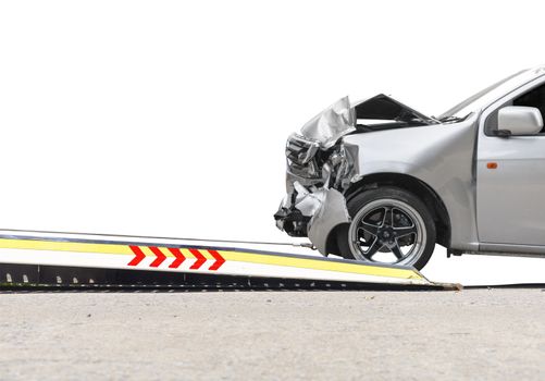accident Car Slide on  truck for move. Gray car have damage by accident on road take with slide truck move . Isolate on white background.
