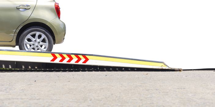 accident Car Slide on  truck for move. Green car have damage by accident on road take with slide truck move . Isolate on white background.