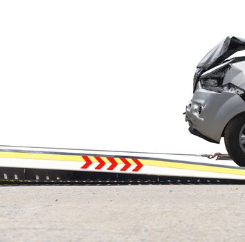 accident Car Slide on  truck for move. Gray car have damage by accident on road take with slide truck move . Isolate on white background.