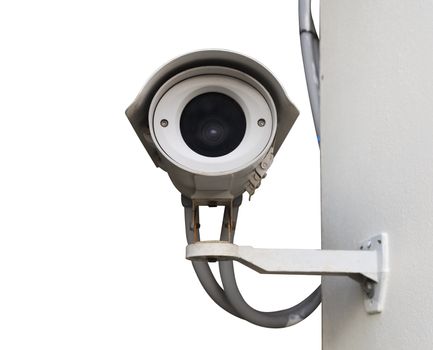 CCTV camera on wall isolated on white background.