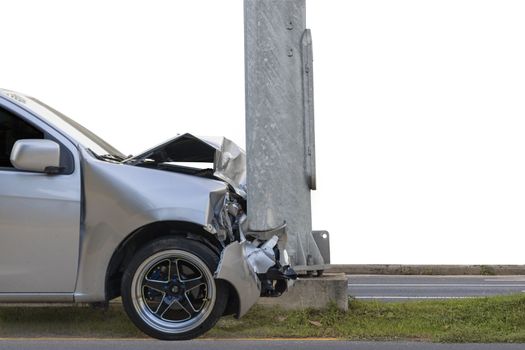 Car crash. Front of car crash with electric pole  have damaged and broken by accident on traffic road .