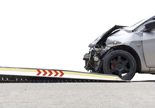 accident Car Slide on  truck for move. Gray car have damage by accident on road take with slide truck move . Isolate on white background.