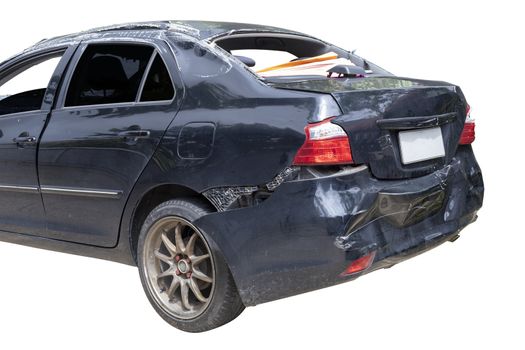 Back of black color car damaged and broken by accident . Isolate on white background. Save with cliping path