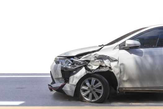 Front of white color car damaged and broken by accident isolated on white background. Save with clipping path. 