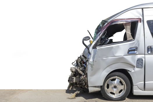 Front of  white color van car have damaged and broken by accident on road parking can not dirve any more. with white background. Save with clipping path.