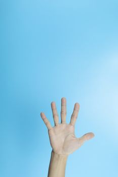 Woman hand show 5 finger sign on light blue background. Number five. woman open palm five finger on blue background with copy space