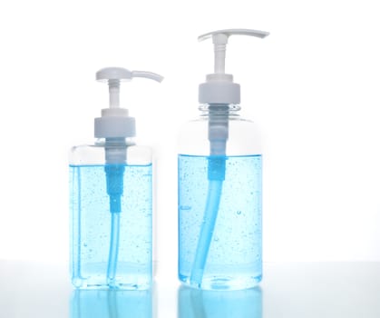 Blue alcohol gel isolated on white background. Hand sanitizer gel for clean. Hand sanitizer in pump bottle. 