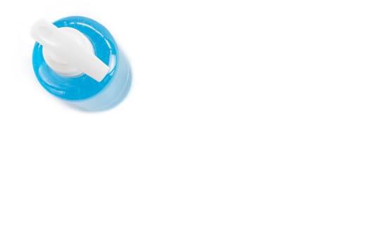 Top view Blue alcohol gel isolated on white background. Hand sanitizer gel for clean. Hand sanitizer in pump head bottle. 