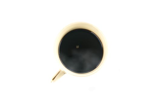 Top view black coffee cup isolated on white background. Close up top view coffee in handle cup with copy space. Hot black coffee with smoke.