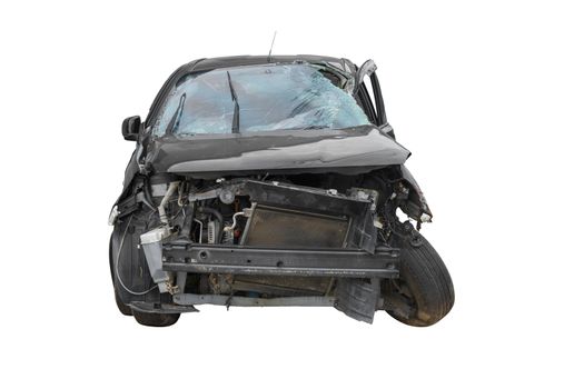 Front of black color car get big damage by accident on road. Isolated on white background. Car crash. Car clash. 