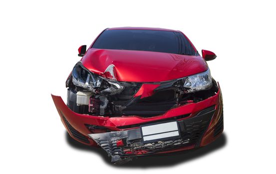Front of red color car damaged and broken by accident isolated on white background. Save with clipping path. 