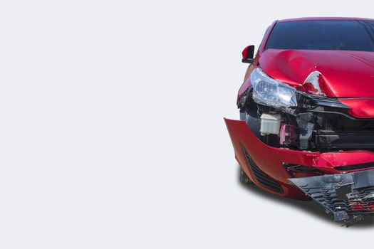 Front of red color car big damaged and broken by accident. Save with clipping path.